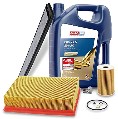 BESTPRICE Inspektionspaket Filterset mit 1x Ölfilter; 1x Luftfilter; 1x Innenraumfilter; 1x Ölablassschraube; 1x Motoröl 5W-30 WIV ECO SAE 5 l, KOMPATIBEL MIT - BMW 3er Limousine, Coupe, Touring (E46)