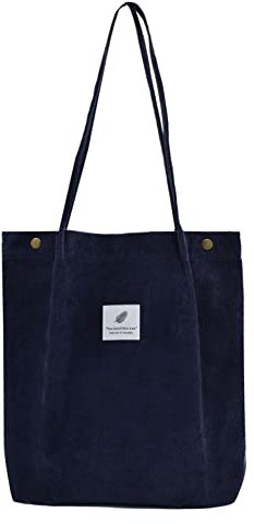 Damen Große Handtasche Kord Shopper Cord Tote Bag für Bücher Reisen Alltag Schule Arbeit Einkaufstasche für Mädchen 40x41cm navy
