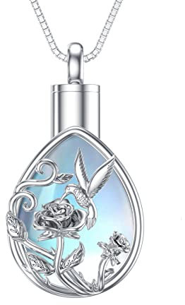 ROMANTICWORK Rose Urne Kette für Asche Sterling Silber Mondstein Asche Anhänger Halskette Kolibri Andenken an Verstorbene Schmuck Geschenke für Damen