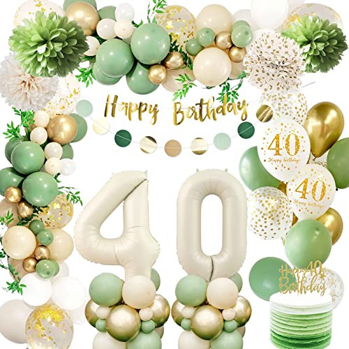 40 Geburtstag Deko Frauen,Geburtstagsdeko 40 Männer,40 Geburtstag Luftballon Grün Gold mit Happy Birthday Banner,Pompoms für Frau Mann Luftballon40