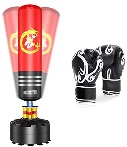 Dripex Sac de Frappe sur Pied Adulte avec Gants 175 cm Sac de Boxe Autoportant MMA Punching Ball pour Karaté Fitness Taekwondo - Rouge