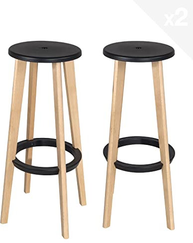 KAYELLES Lot de 2 Tabourets de Bar Design scandinave sans Dossier, siège Rond, Hauteur 76 cm, Pieds en Bois de hêtre Naturel KIBI (Noir)
