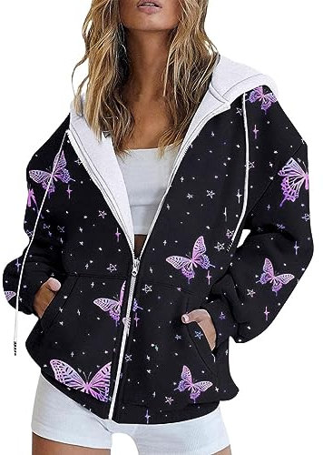 Skang Damen Hoodie Mode Herbst Schmetterling Gradienten Druck Casual Taschen Langarm Jacke Nette Kordelzug Hoodie Zipper Frauen Mit Kapuze Sweatshirt Doppelpullover (I, XXXXL)