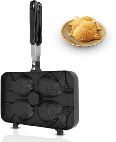 Taiyaki Tortiera a Forma di Pesce, Teglia per Waffle Antiaderente, Tortiera a Doppia Faccia Pane Waffle Maker con Manico Lungo e 4 Griglie per Festa di Fai-da-Te