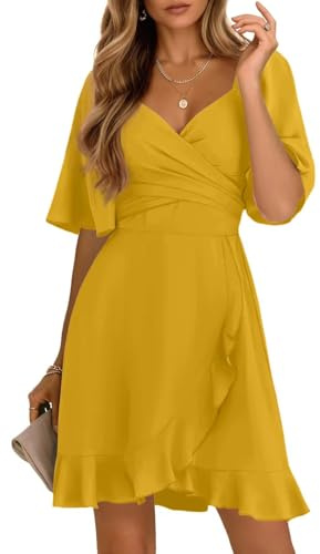 Dokotoo Womens Citrus Dresses Summer Wrap V Neck Short Sleeve Smocked Elastic Waist Tiered Belted Ruffle Hem Mini Dress Wrap Dress for Women M
