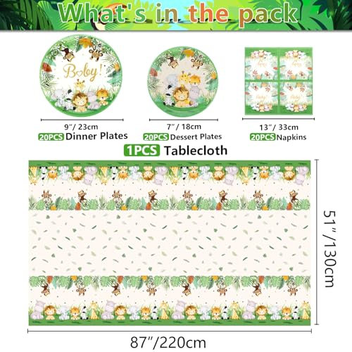 61Pcs Safari Baby Shower Party Decorations, Baby Shower Supplies Serve 20 Guests, Jungle Animal Paper Plates, Animal Napkins, Safari Tablecloth, Woodland Safari Gender Reveal Party Decor