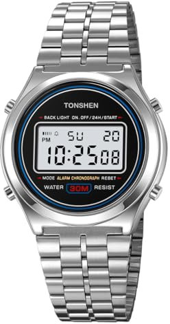 TONSHEN Herrenuhr Digital Sport Uhren Edelstahl LED Elektronik Outdoor Multifunktional Alarm Stoppuhr (Silber)