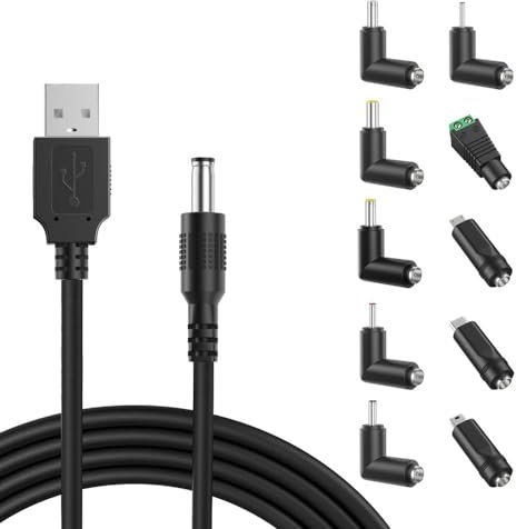 Bouge 5V USB Kabel zu DC 5,5 x 2,1 mm Hohlstecker 10 in 1 Stecker (5,5x2,5mm 4,8x1,7mm 4,0x1,7mm 3,5x1,35mm 3,0x1,1mm 2,5x0,7mm Micro Type-C Mini LED Hafen) Universal Ladekabel Netzkabel