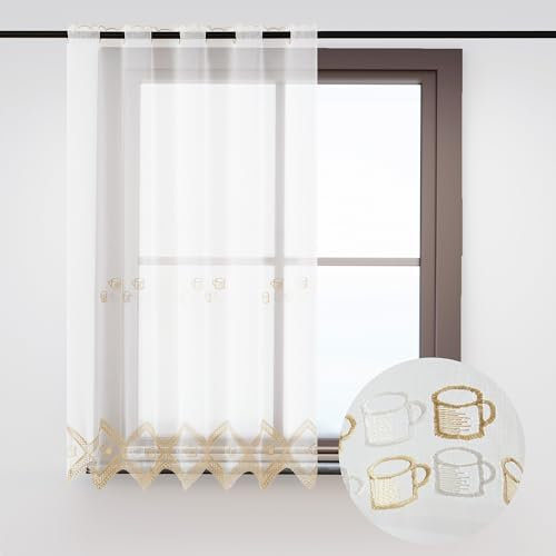 HOMEYA - Cortina Cocina 105 x 140 cm, Visillo Cocina con bordados transparente un panel 105 x 140 cm (ancho por largo), Taza de café