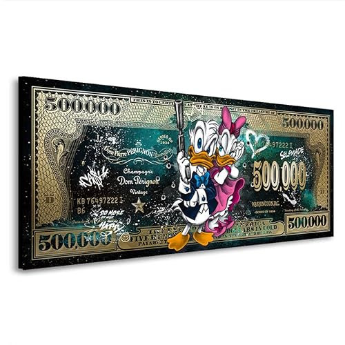 Kunstgestalten24 Leinwandbild Pop Art Dollar mit Donald & Daisy – Streetart Wandbild 500000$ Schein – Urban Art Deko für Wohnzimmer Büro Jugendzimmer – Selfmade Design 125x50x2cm