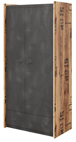 MEBLINI Kleiderschrank 2 Türig mit Schublade, Einlegeböden und Kleiderstange für Kinderzimmer - Drehtürenschrank - Schrank mit Einlegeböden - Kleiderschrank Industrial Style - Fargo FG-02