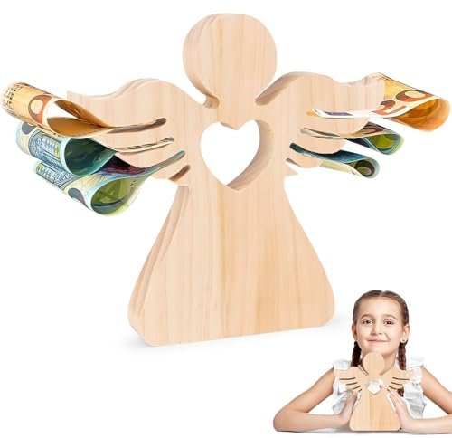 Jognee Holzengel mit Kreuz | Schutzengel Geldgeschenk | Glücksengel-Statue | Geschenk zur Taufe, Kommunion, Konfirmatio für Jungen/Mädchen (Liebe)