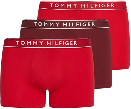 Tommy Hilfiger Men’s 3 Pack Trunks with Logo Waistband, Red (Prm Red/Med Red/Dp Rge), L