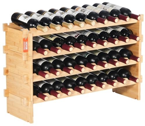 VEVOR 36 Bottle Stackable Modular Wine Rack, 4-Tier Solid Bamboo Wood Storage Racks, Floor Freestanding Wines Holder Display Shelf, Wobble-Free Shelves for Kitchen, Bar, and Cellar (Natural Color)