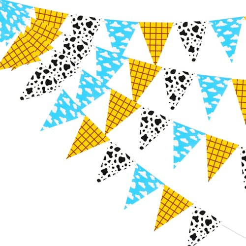 4pcs Cartoon Story Party Banner, Themed Birthday Banner Baby Shower Party Decor Blue Yellow Red Toy Themed Birthday Banner for Kids Birthday Baby Shower Decorations