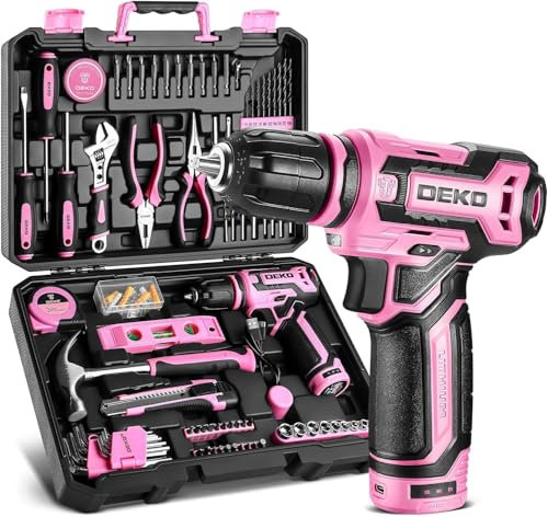 Caja de Herramientas Completa 133PCS - DEKO Caja Herramientas Rosa,para Reparaciones Domésticas y Bricolaje, con Taladro Atornillador Eléctrico 12V para Perforar y Apretar/Aflojar Tornillos