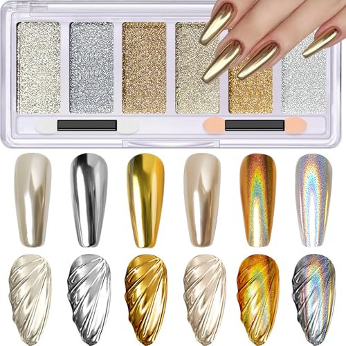 LunarCharm 6 Farben Gold-Silber-Chrom-Nagelpulver mit Applikator, schillerndes holografisches Regenbogen-Chrompulver für Nägel, Spiegel-Metallic-Effekt, Chrompulver-Palette