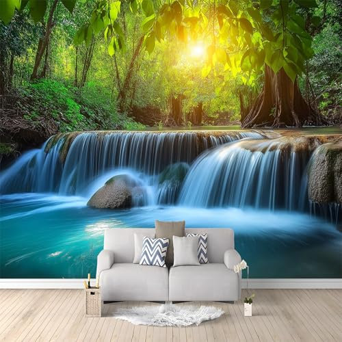 Papier Peint Mural Chambre Cascade De La Jungle Au Coucher Du Soleil 400x280 cm Poster Geant Mural 3D Tableaux Muraux Tapisserie Photo, Salon Chambre d'enfants Mur de Fond Papier Peint Panoramique