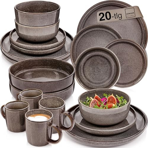 SÄNGER Kairo Graphit | Kombiservice 4 Personen, Teller Set Kaffeebecher Pastaschale 20 tlg, Steingut Geschirr Set spülmaschinen- mikrowellen- kratzfest, Geschirrset aus Steingut | VALUE COLLECTION