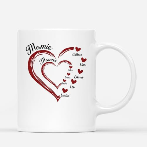 Cadeau Plus Mug Personnalisé Prénom - Maman Avec Coeur Rouge - Tasse Mamie pour Noël (3 Enfants, 3 Petits-Enfants)
