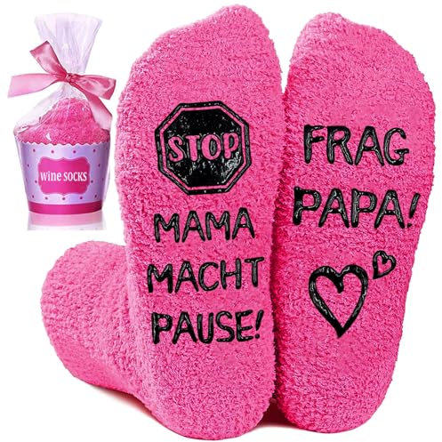 QZOSZ Muttertagsgeschenk Geschenke für Mama zum Geburtstag Muttertagsgeschenke für Mama Socken mit Spruch Stop MAMA MACHT PAUSE FRAG PAPA, Lustige Geschenke für Frauen Geburtstagsgeschenk für Mama