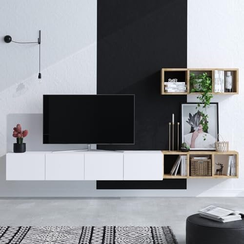 Hanah Home Stylish TV Unit, White & Oak, 215 x 25 x 32 cm | 100% Melamine Coated Particle Board, 18 mm Thick | Ample Shelves for Modern Living Rooms