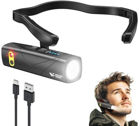 Smiling Shark Stirnlampe Wiederaufladbar, 2025 Neue Ohr-mounted LED Kopflampe 1000 Lumen Mit Motion Sensor & 5 Modi in Weiß und Rot Licht Stirnband Taschenlampe für Erwachsene Camping Wandern Laufen