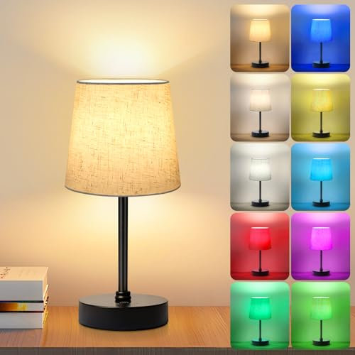 Smanu Rechargeable Cordless Table Lamp, Small Battery Operated Bedside Lamp, 3 Color & 7 RGB Dimmable Touch Control with Fabric Shade for Living Room/Nightstand/Restaurant/Party/Bar(Beige)