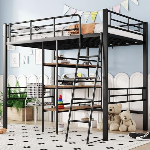 Huayz Letto a soppalco 90 x 200 cm, adatto per ragazzi e bambini, letto con scrivania, più ripiani, ringhiere, scala, telaio in ferro, senza materasso