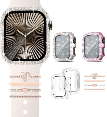Fycyko 3 Pièces Diamond Protection Coque pour Apple Watch Series 6/5/4/SE 40mm+4 Pièce Anneaux cristaux pour Apple Watch, Housse de protection et Bling iWatch Deko-Rose