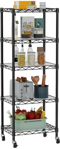 Golpart Small 5 Tier Shelves Storage Wire Shelving Unit Metal Shelf Adjustable Organizers Storage Shelving with Wheels for Bathroom Laundry Room Kitchen Pantry12”D x 18”W x 57.2”H Black