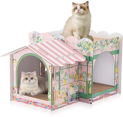 2 Story Cardboard Cat House with Scratcher Pad, 17x12x10, Florist | Multi Level Durable Cat Scratcher House, Hideaway Playhouse for Small Kitten, Bunny, Rabbit, Animals, Christmas Birthday Gift
