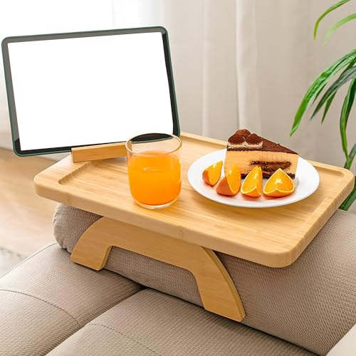 WYFCR Bambus-Sofa-Arm-Tablett, wasserdichte quadratische Armlehne des tragbaren Sofas, Beistelltisch mit drehbarem beweglichem Ständer, Frühstücksteller, rotierender Tisch