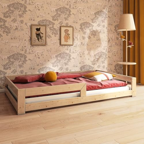 Need Sleep Montessori Bett Kinder Bodenbett 120x190 cm mit Rausfallschutz Lattenrost Kinderbett am Boden Niedrig Kids Floor Bed Bodentief aus Holz Mädchen Junge