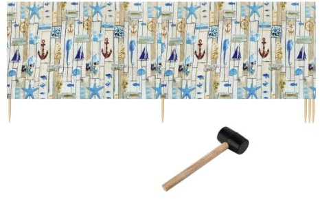 Ladeheid Windschutz Strand Strandzubehör Sichtschutz Holzstäbe LAEX001 | Mit Gummihammer, Strand Sichtschutz für Camping, Windfang im Sand, maritimes Muster, praktisches Strandzubehör mit Holzstäben