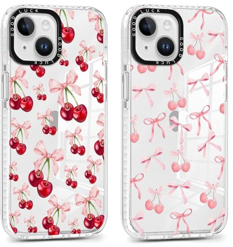 Yirlbey 2 Pezzi Cover per iPhone 14 Plus 6,7'', Custodia Trasparente Fiocco Ciliegia Disegni Motivo Aesthetic per Ragazza Antiurto Protettiva TPU Bumper Clear Cellulare Case