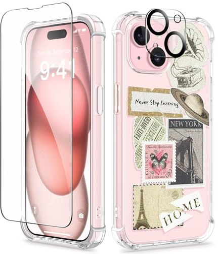 GVIEWIN Compatible with iPhone 15 Case 6.1 2023, with Screen Protectors+Camera Lens Protectors, Non-yellow Flower Clear TPU Slim Bumper Shockproof Anti-Scratch Protective Cover,Vintage Stamps