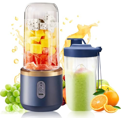 KUWUNG Mixeur portable, 400 ml, avec gobelet de rechange, rechargeable par USB, petit blender à emporter avec 6 lames, mini blender pour milkshakes, jus, smoothies (bleu)