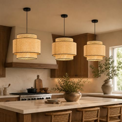 JOYINLED Rattan Lampe 40cm Vintage Boho, E27 Pendelleuchte mit Boho Lampenschirm, Deckenlampe Rattan, Hängelampe Holz für Esszimmer, Wohnzimmer, Schlafzimmer und Küche, Braun, ohne Leuchtmittel