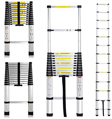 3.8M 12.5 Feet Telescopic Ladder Steps Multi-Purpose Aluminium DIY Extendable 13 Steps 150KG Loading Capacity EN131 Certificate Kit For Home Loft Office UK Stock