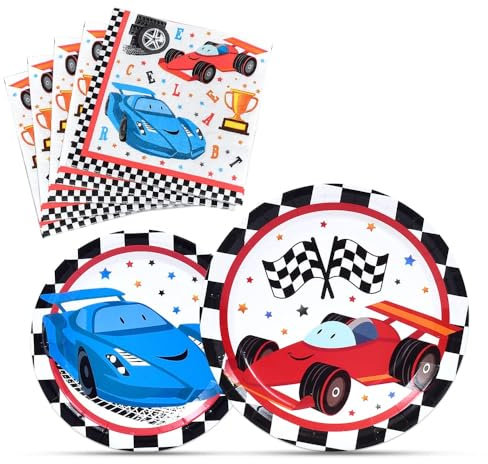 WERNNSAI Articles de Fête pour Voiture de Course - Plaques et Serviettes Kit de Vaisselle Jetable de Plats de Gâteau de Dessert de Déjeuner de Dîner de Papier, 48 Pièces Sert 16 Invités