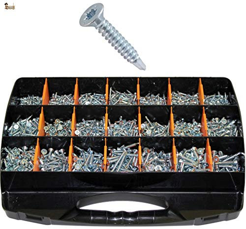 BricoLoco Maletín surtido 1.625 uds. Tornillo roscachapa autotaladrante. Punta broca autoroscante y autoperforante metal. DIN 7504-P. Cabeza plana avellanadaf, cincado. Torx.