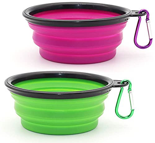 SLSON 2 Stück Hundenäpfe Faltbare Reiseschale,Auslaufsichere Hundenapf mit Bergsteigerkarabiner für Katzen,Hunde und Haustiere für Wasser und Futter (350ml, Lila und Grün)