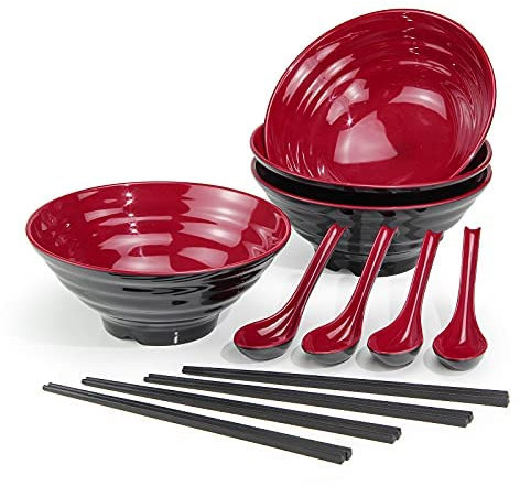 Lanbent Juego de 4 cuencos japoneses de ramen, capacidad de 1000 ml, cuenco de sopa antideslizante premium con cuchara y palillos, cuenco multifuncional para pasta, fruta, ensalada (Blanco)