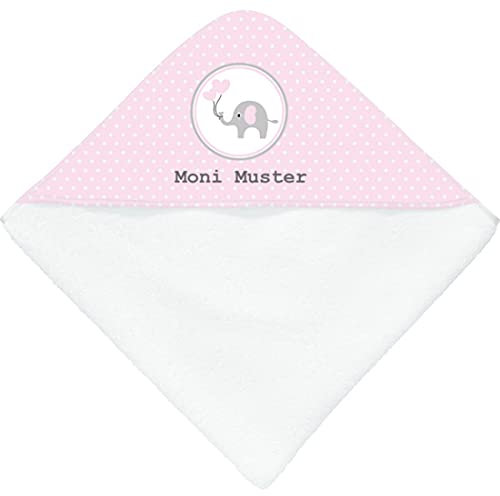 Kapuzenbadetuch mit Namen - personalisiert - Motiv Elefant rosa - viele Motive - Kapuzenbadetuch- weiß - Größe 80x80 cm - persönliches Geschenk mit Wunsch-Motiv und Wunsch-Name
