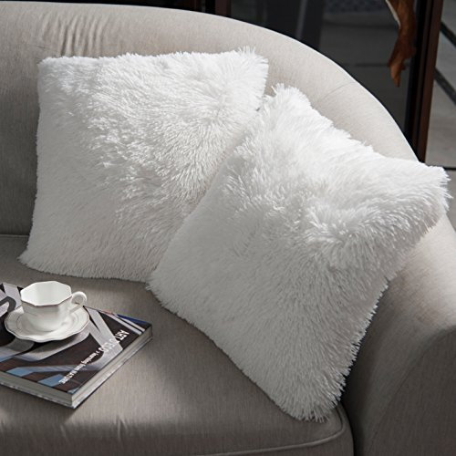 NordECO HOME 2er Set kissenbezüge 50x50 cm Kissen Weiß Künstlich Pelz Fellkissen Dekorative Deko Kissen Kuschelkissen Flauschig Sofakissen Weich Plüschkissen für Sofa