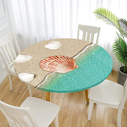 FANSU Conchiglia Stampa Tovaglia Rotonda Antimacchia con Bordo Copritavolo Elastico Adatto Tovaglia Facile da Pulire E Proteggere, Lavabile per Casa,Cene (Acqua di Mare,Diametro 100cm)