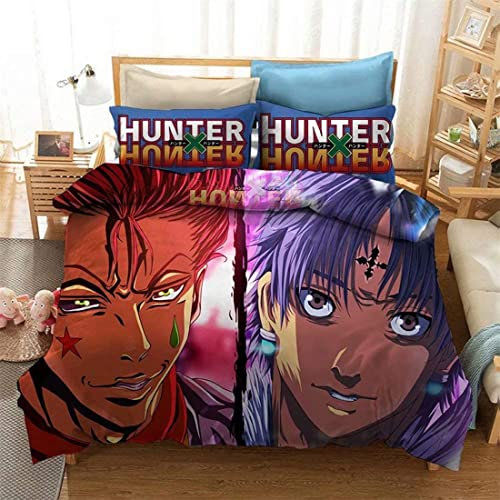 Hisoka Hunter Bettwäsche-Set, Bettbezug und Kissenbezug, Mikrofaser, 3D-Digitaldruck, dreiteiliges Bettwäscheset,ab-67,Single:55x79/140x200cm