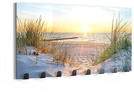 DEQORI Wandgarderobe Glas & Metall | Motiv Abendsonne an der Ostsee | 60x30 cm | Design Haken-Leiste modern | Garderoben-Paneel für Flur, Wohnzimmer & Schlafzimmer | magnetisch & beschreibbar