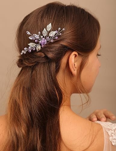 BERYUAN Women's Wedding Leaf Crystal Rhinestone Hair Comb Purple Beads Headband Headpiece Silver Bridal for Girls (Purple)